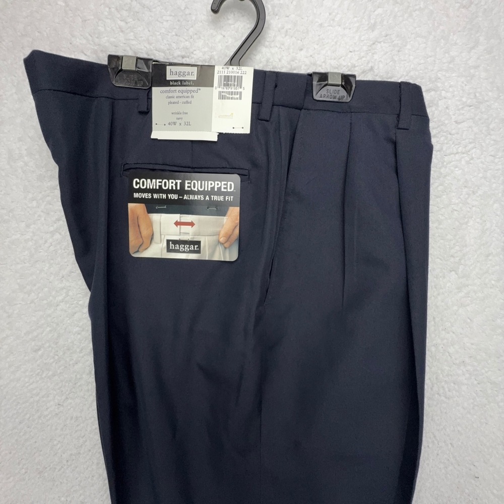 Haggar Black Label Men 40x32 Navy Blue Pleated Cuffed Dress Pants NWT
